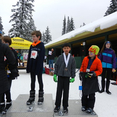 Vijay Lin, 10, of Pullman (center in photo) placed third in his age division at the 10K Langlauf cross-country ski race, Mt Spokane State Park on Feb. 21.&nbsp;Vijay's parents are&nbsp;David Lin and Anita Vasavada of Pullman. Photograph by&nbsp;David Lin.