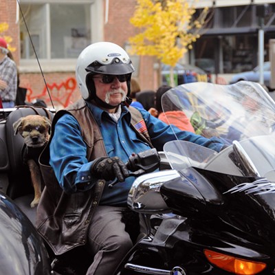 The Valley Veterans Day Parade in downtown Lewiston on Nov. 12, 2016. A little dog proudly rides on the back of the motorcycle with his best friend driving. Photo taken by Mary Hayward of Clarkston.