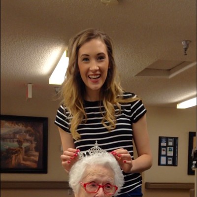 Flossie Dickey turned 110 this year and is a close family friend. She was a Lewiston resident until she was around 65, and then traveled to be with family. She is now at the Cheney Care Center. Mikayla Scharnhorst, Miss Spokane 2016 (Whitworth graduate 2016, LHS grad 2013, Distinguished Young Woman 2013, Idaho DECA president 2013), stopped in and made her Miss Spokane for a moment.