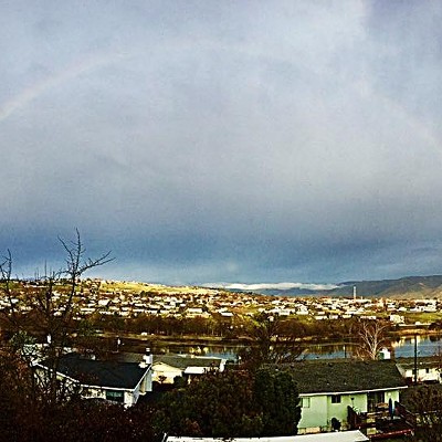 Rare morning rainbow in the Western sky. Photo by Sue Young, taken from her Lewiston deck on&nbsp;Feb. 20, 2017.