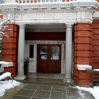 One of the classical and graceful entrances to the 1912 Building in Moscow, Idaho after snowfall on February 14, 2018, where free tax service is provided by volunteers of the AARP Foundation Tax-Aide Program on Wednesdays and Fridays. Photograph by Keith Collins.