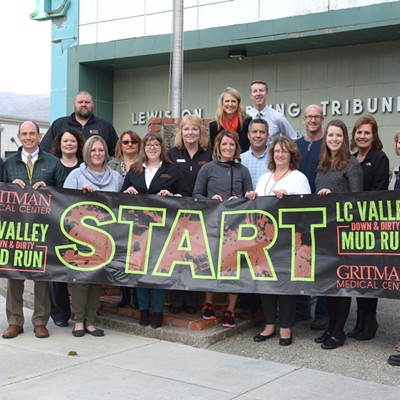 Members of the 2017 Gritman Medical Center LC Valley Down and Dirty Mud Run board, key volunteers and representatives of Opportunities Unlimited, Inc., Willow Center, Inc., YWCA, the Gritman Diabetes Awareness Fund and the Centennial Project Food gather Wednesday at the Lewiston Tribune building in Lewiston. The mud run made $5,000 donations to Opportunities Unlimited, Inc., Willow Center, Inc., YWCA and the Gritman Diabetes Awareness Fund, and a $2,500 donation to Centennial Project Food. The money was raised through business donations and participant fees for the annual mud run, which took place Aug. 26 in Lewiston. This year's race drew a record 552 paid competitors.
    The 2018 mud run is scheduled for August, with exact date to be announced. For more on the race, check http://lcvdownanddirty.com/ or find the event page on Facebook.