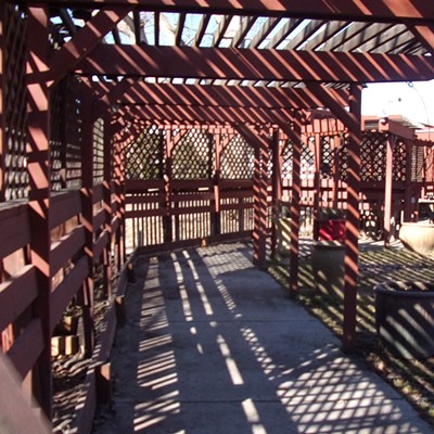 The empty outdoor seating at Patty's restaurant in Moscow is a wonderful portrait of shadow and light and line.