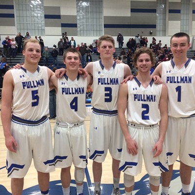 This is a picture of 2017 Pullman High School basketball seniors. Jake Cillay, Tim Pendry, Jared Anderson, Joey Vannucci, and Mike Peterson. Photo taken on Senior Night, February 2017.
    
    Picture taken by Kim Peterson