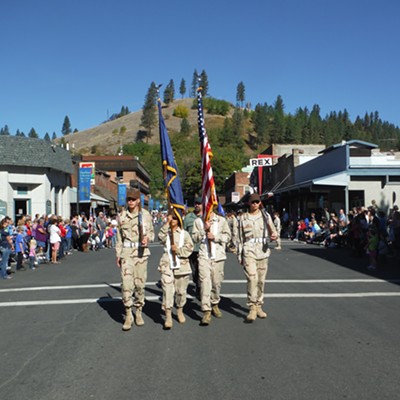 Idaho Youth Challenge Academy flag detail leads the Squadron as participants in The Clearwater County Fair and Lumberjack Days Parade Sept. 19th in Orofino. Photo by Carmen Syed.