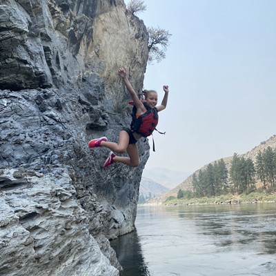 While rafting on the Salmon river two weeks ago, we took a break to jump off rocks and swim. This is my Granddaughter - Aubree Dever from Coerd’Alene, Idaho.