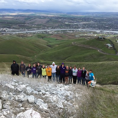 Lewiston High School seniors liming the 'L', Saturday, April 11, 2015. Left to Right: Garrett Larsen, Henry Hill, Maurin Ranstrom, Monica Jenkins, Anastasia ?, Nicole Admunson, Leah Uptmor, Andrew Walden, Kylie Badertscher, Ryan Macmillan, Miranda Nemeth, Makayla Wilson, Kaylin Sienkiewicz, Krysta Kilmer, Kameron ?, Lizzie Playerhoug, Thomas Pearson