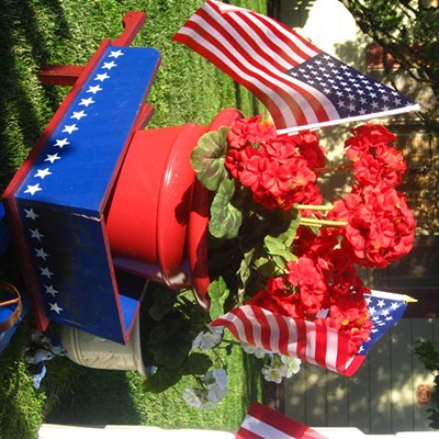 Stars and stripes pretty-up a pot of geraniums at the home of Stewart & Le Ann Wilson, Orofino.