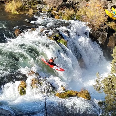Kayaker going over Steelhead Falls on the Crooked River, near Bend, Oregon. October 26, 2019, photo taken by Jim Gentry, name of kayaker is unknown.