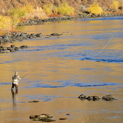 As his line begins to uncurl, this fly fisherman has hopes of a large steelhead waiting for his fly when it lands on the water.   By Jerry Cunnington, 11/24/2021.