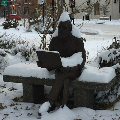 Snow covers the Thomas W. Campbell statue in the Tribune Centennial Plaza. Taken Friday, Dec. 16.