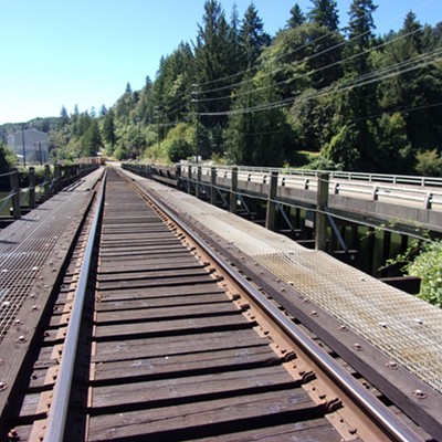 These tracks next to the road head past the pulp mill in Toledo Oregon, shot 
in August.
Also nearby is the town's one-of-a-kind garbage recycling facility called Juno.