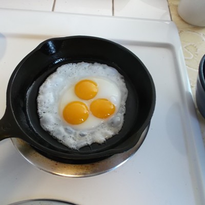 According to the Internet, a triple-yolk egg is a 1-in-25,000,000 event! This egg was from the Murai-Wolf Farms, Thorncreek. It was delicious! Photo taken/egg eaten July 29, 2018, in Moscow, Idaho. Photographer, Priscilla Wegars.