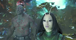 This image released by Disney-Marvel shows David Bautista, left, and Pom Klementieff in a scene from, "Guardians Of The Galaxy Vol. 2." - DISNEY-MARVEL VIA AP