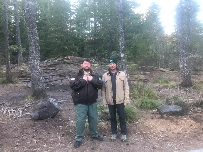Steven Smith, of Lewiston, playing Sheriff Bud O'Brian and Nick D'Ettorree, of Portland Ore., playing Ian McDermott on the set of "Harmony Falls." - CONTRIBUTED PHOTO