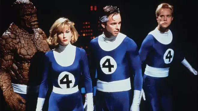 This movie still from Roger Corman's 1994 "Fantastic Four" film shows the cast from left: Ben Grimm (Michael Bailey Smith), Sue Storm (Rebecca Staab), Reed Richards (Alex Hyde-White) and Johnny Storm (Jay Underwood). - PHOTO COURTESY OF PHOTOFEST ON HOLLYWOOD REPORTER