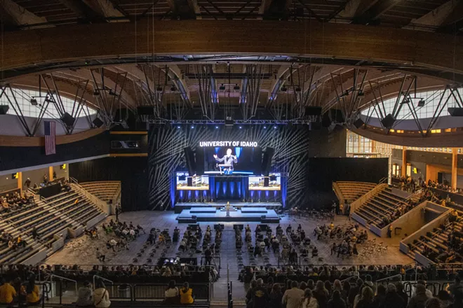 Gov. Brad Little speaks to a crowd to promote Idaho’s “Brave. Bold.” campaign during the grand opening of University of Idaho’s ICCU Arena Oct. 8 in Moscow. - ZACH WILKINSON/360