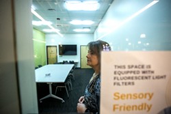 Librarian Colleen Olive stands in a sensory friendly meeting room last week at the Lewiston City Library.