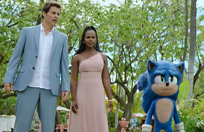 James Marsden, Tika Sumpter and Sonic (voiced by Ben Schwartz) are shown in “Sonic the Hedgehog 2.” - PARAMOUNT PICTURES AND SEGA OF AMERICA/TNS