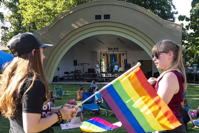 Struggle Club performs on the stage at Pioneer Park as people relax in the shade during the 2018 Celebrate Love event in Lewiston. The event will return in July. - PETE CASTER/INLAND 360 FILE PHOTO