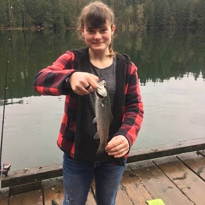 Emily Adams went fishing with her brother Scott Adams at Battleground Lake in Battleground Washington and caught this trout.&nbsp;Picture taken by Scott Adams on March 3, 2017.