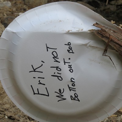 "Bob," an intrepid Black Canyon traveler, used a paper plate and Sharpie to spread the good news - "We didn't bottom out." The makeshift sign was found near a slide located about two miles north of Kelly Forks