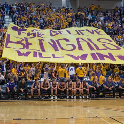 Lewiston High School students hold up a banner during the Golden Throne spirit night at the LCSC Activity Center.  Photo was taken Friday, Jan. 27, 2017 by Max Moore.