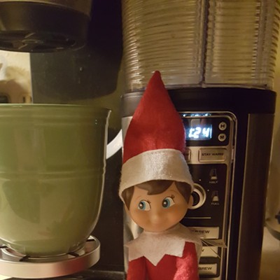 Our Christmas elf, Hermie is being naughty again!
    Photo taken December 2017 by Rita Garcia in the Garcia home in Moscow Idaho.