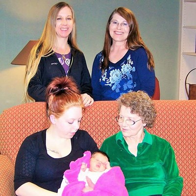 Five generations of Lewiston residents recently gathered. They are:&nbsp; behind the couch, on the left, Bonni Leonardson (grandmother), on the right, Libbie McCallum (great grandmother).
    On the couch, from left to right, Chelsea Leonardson (mother) Alliyah Schneider (daughter) Lou Weaver (great-great grandmother).