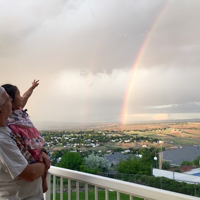 This was the first time that my granddaughter spotted a&nbsp;rainbow on her own. My daughter, Talen Hobbs, took the picture of myself, Greg MacDonnell, holding my grandaughter, Annika Hobbs. This was looking over the Valley off my back deck Sat., May 23, 2015.