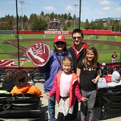 Brian Collins, assistant professor of physics at WSU, is taking two of his daughters and their grandma out to a Cougar baseball game at Bailey Brayton Field on Sunday, April 22, 2018. Pictured are Brian, his mother Elizabeth Collins, and daughters, Lucy (6) and Sophie (9). WSU won the game against Santa Clara University 5-0 on a combined no-hitter by the pitching staff. Photo by Keith Collins.