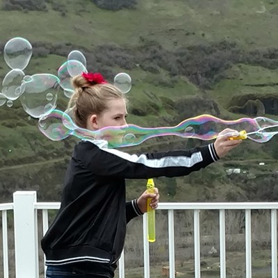 My bonus daughter, Hanna Shepard, creating a large bubble. The photo was takenby Chuck Christopher on April 8 at an Easter celebration in Juliaetta.