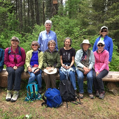 The Palouse LaTreks pause for lunch on a bench dedicated to the memory of Nancy Savage, an ardent hiker.
    Date taken: May 24, 2017
    Photographer: Mary Jo Hamilton
    Cindy Magnuson, Moscow; Helen Stroebel, Moscow; Sara Holup, Moscow; Candace Shepard, Moscow, Gitta Bridges, Moscow; Nancy Sprague, Moscow; linda Christensen, Moscow; Peggy McDonnell, Moscow; Nancy Reese, Pullman
