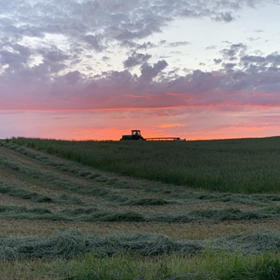 Unidentified farmer haying at sunset off of Brood Road in Latah County on 10 July 2019. Photo taken by Rose Spielman of Severna Park, MD, while visiting her parents, David and Karen Purtee.