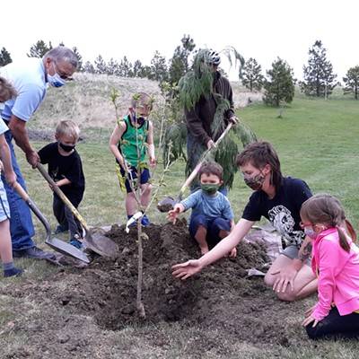 To celebrate Arbor Day, students from Palouse Roots school join Mayor Lambert in planting three cherry trees at Lola Clyde City Park, supervised by Mr. Tree. Moscow is a Tree City USA awardee and celebrates Arbor Day  the last Friday of April every year.