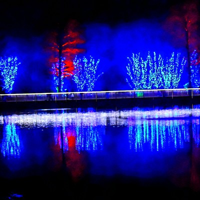 Lights reflect on the water at the Botanical Gardens in Richmond, Virginia.
