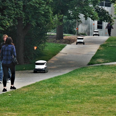 Starship robots leaving to make food deliveries to University of Idaho campus customers from Idaho Eats locations at the Student Union Building on Monday 9-12-22.  Courtesy of Keith Gunther of Moscow.