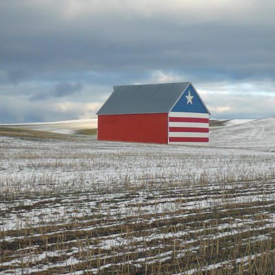 A colorful Patriotic barn just north of Genesee, Idaho on 1-19-23 just off the Old Highway #95.