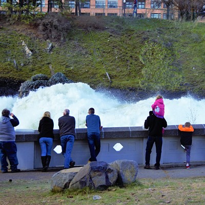 Visitors watched on and took pictures of a raging Spokane Falls. Taken by Mary Hayward of Clarkston on 3/25/2017.