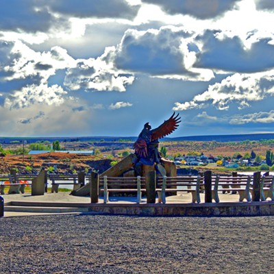 This photo of the "Calling the Healing Waters" sundial at East Beach Park in Soap Lake, WA, was taken by Leif Hoffmann (Clarkston, WA) on May 21, 2022 while visiting the area with family. The sculpture on the shore of Soap Lake, known for its high mineral content, is considered as the world's first human figure sundial.