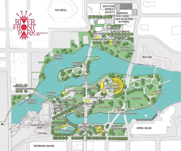 A map showing planned renovations to Riverfront Park.