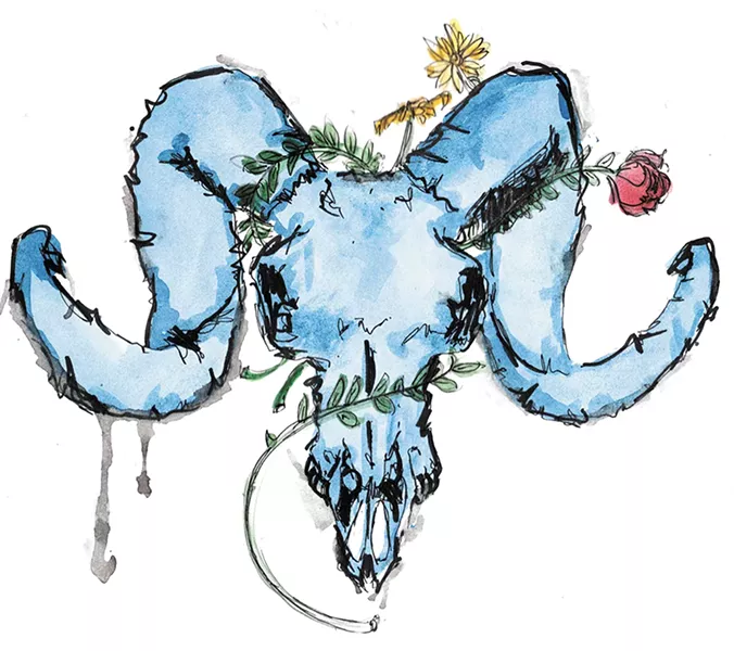 A piece from Stodgell’s “Blue Skull Set” watercolor series.