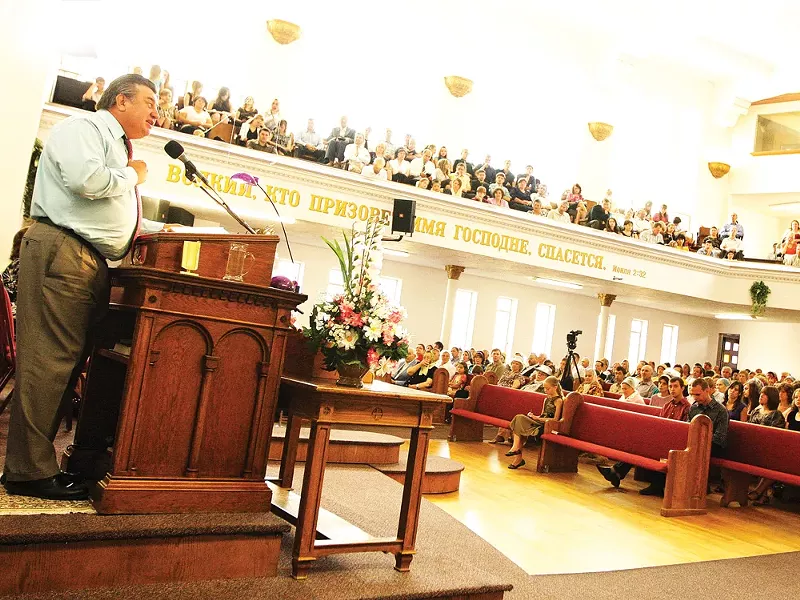 Alex Kaprian preaching at Pilgrim Slavic Baptist Church, which he founded. - YOUNG KWAK