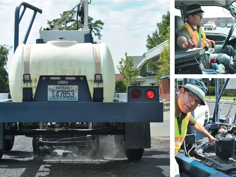 Chris Cothburn and the Vibroseis machine used to study Spokane’s fault lines. - CHRIS STEIN