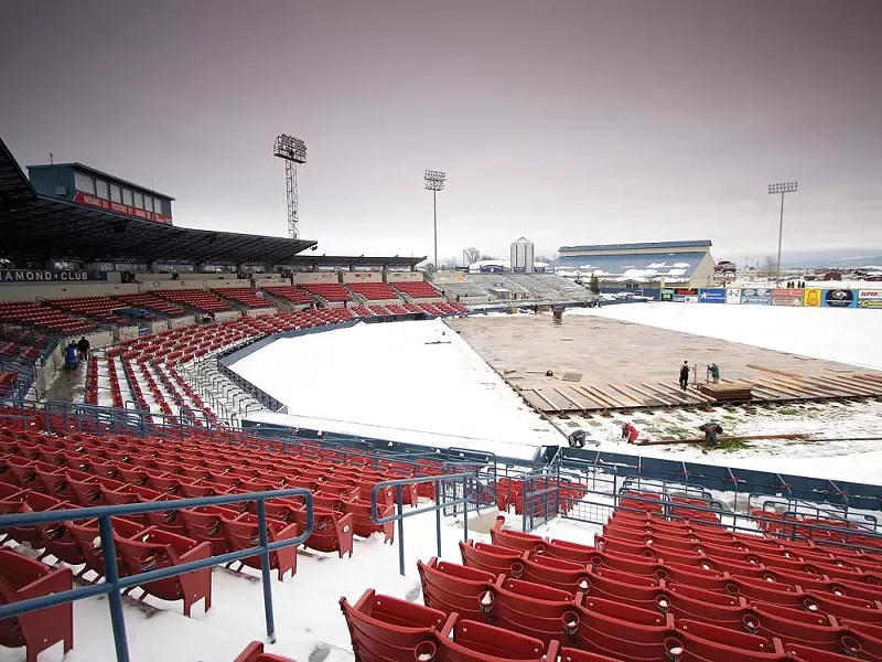 Employees from Bietak Productions prepare the Chiefs' one-day home at Avista Stadium - YOUNG KWAK