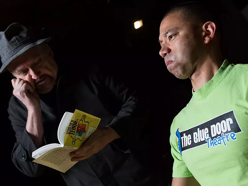 Frank Tano (right), director of Blue Door Theatre, is set to improvise off Interplayers\' Jamie Flanery. - STEPHEN SCHLANGE