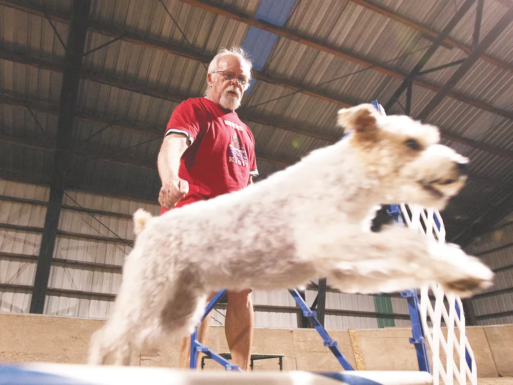 Jack Cotter, 65, runs along as his dog Tucker takes a jump at Sunrise Arena in Liberty Lake. - YOUNG KWAK