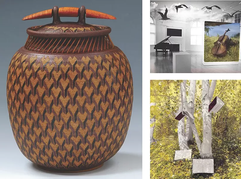 LEFT: One of Larry Richmond and Peggy Kondo's woven pots. RIGHT: Music Room (top) and Tree of Knowledge by Barbara Kline.