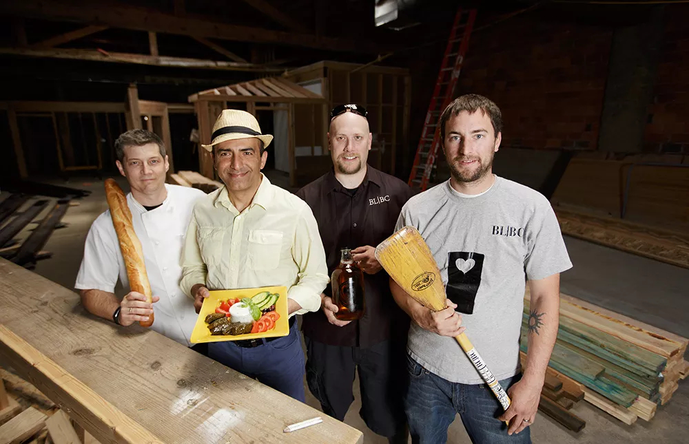 Left to right: Jeremy Hansen, owner of Common Crumb bakery, Shahrokh Nikfar of Mediterrano and Caffé Affogato, and Black Label Brewing Company co-owners Dan Dvorak and Steve Wells. - YOUNG KWAK