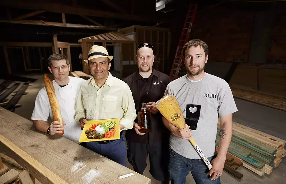 Left to right: Jeremy Hansen, owner of Common Crumb bakery, Shahrokh Nikfar of Mediterrano and Caffé Affogato, and Black Label Brewing Company co-owners Dan Dvorak and Steve Wells. - YOUNG KWAK